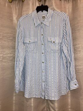 Anne Klein Blue and White Striped Button-Up Blouse with gold metallic stripes XL